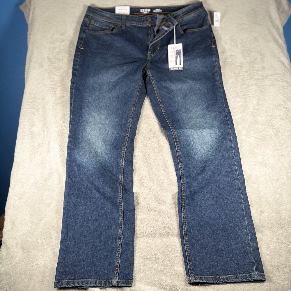 IZOD Men's Relaxed Fit Straight‎ Comfort Stretch Blue Medium Wash Denim Jeans